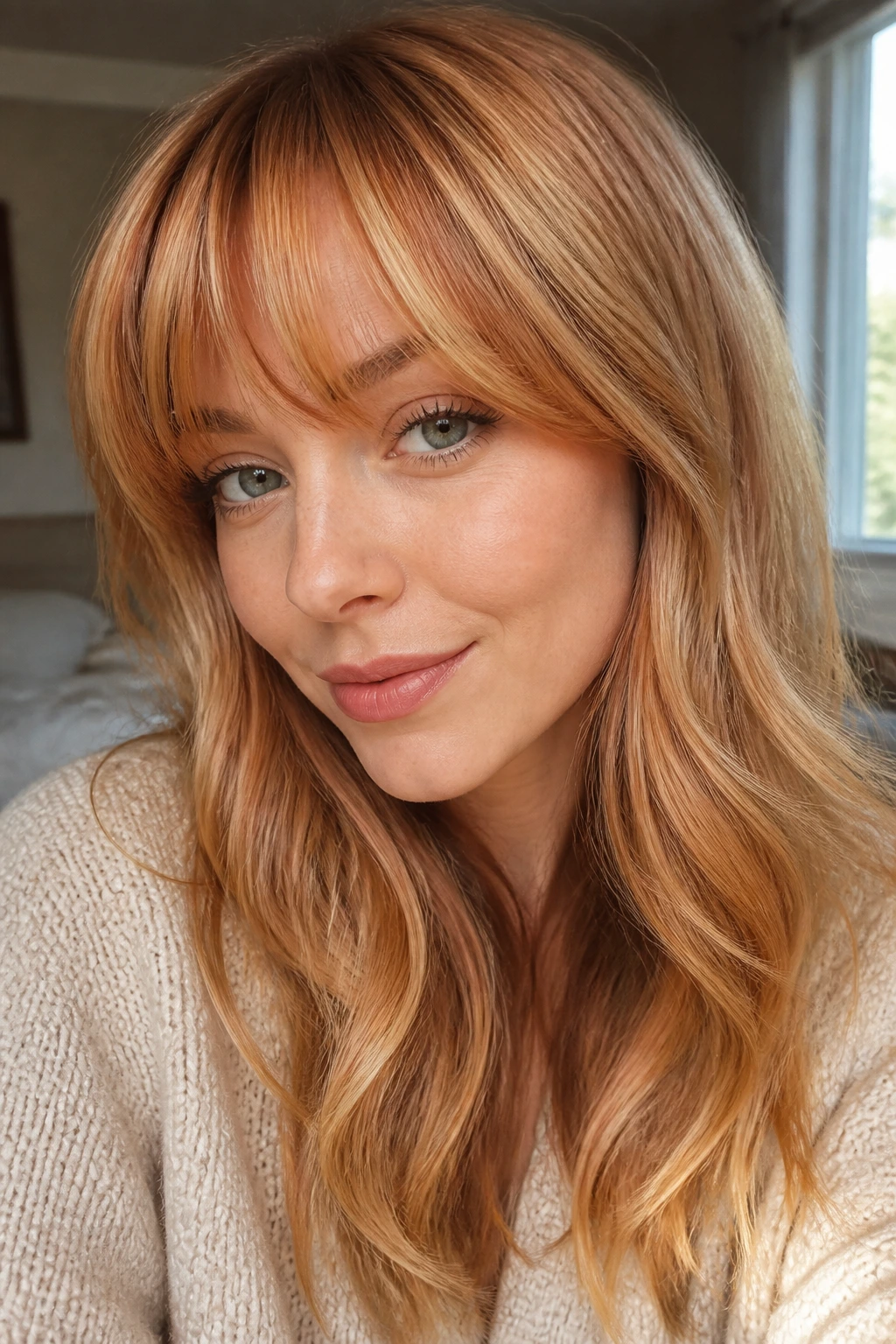 Close-up of a real woman's fringe with soft copper ribbons in a strawberry-blonde hair