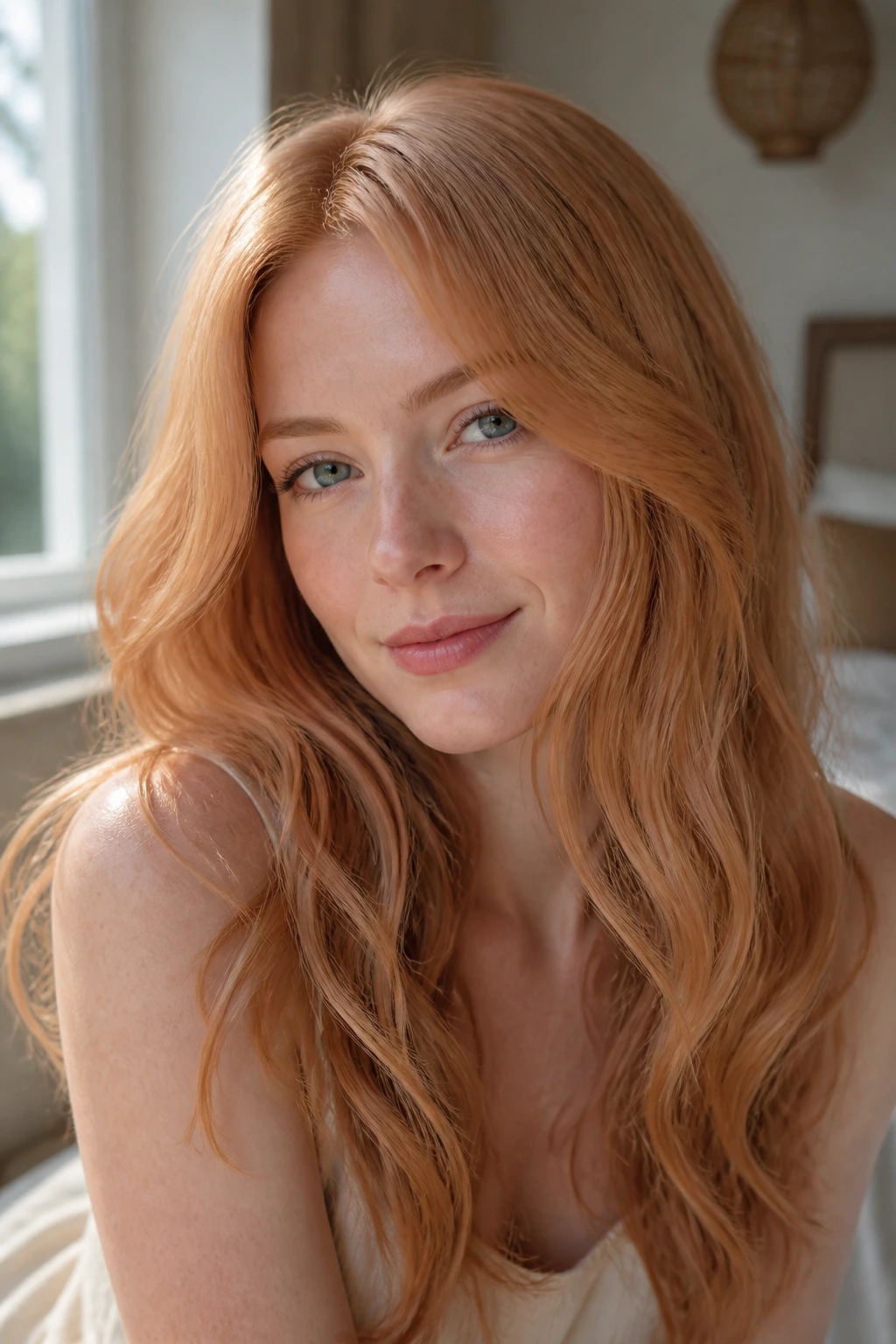 Close-up portrait of strawberry blonde hair in a soft copper shade on pale skin, natural daylight