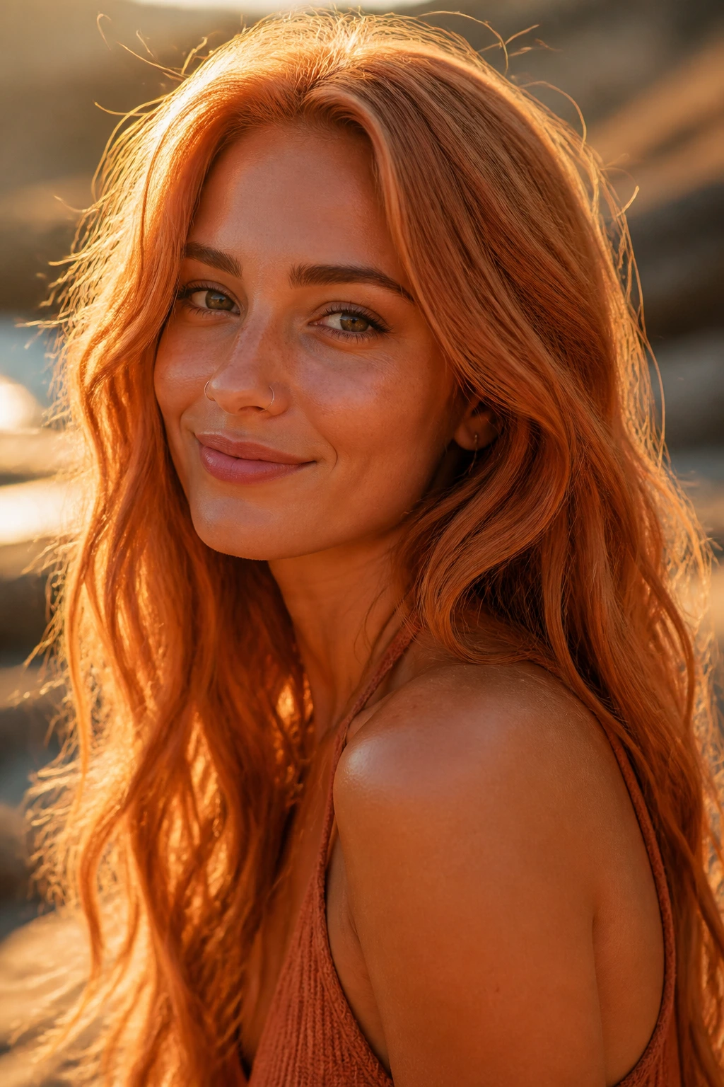 Close-up of soft copper strawberry blonde hair on sunlit tan skin during golden hour.