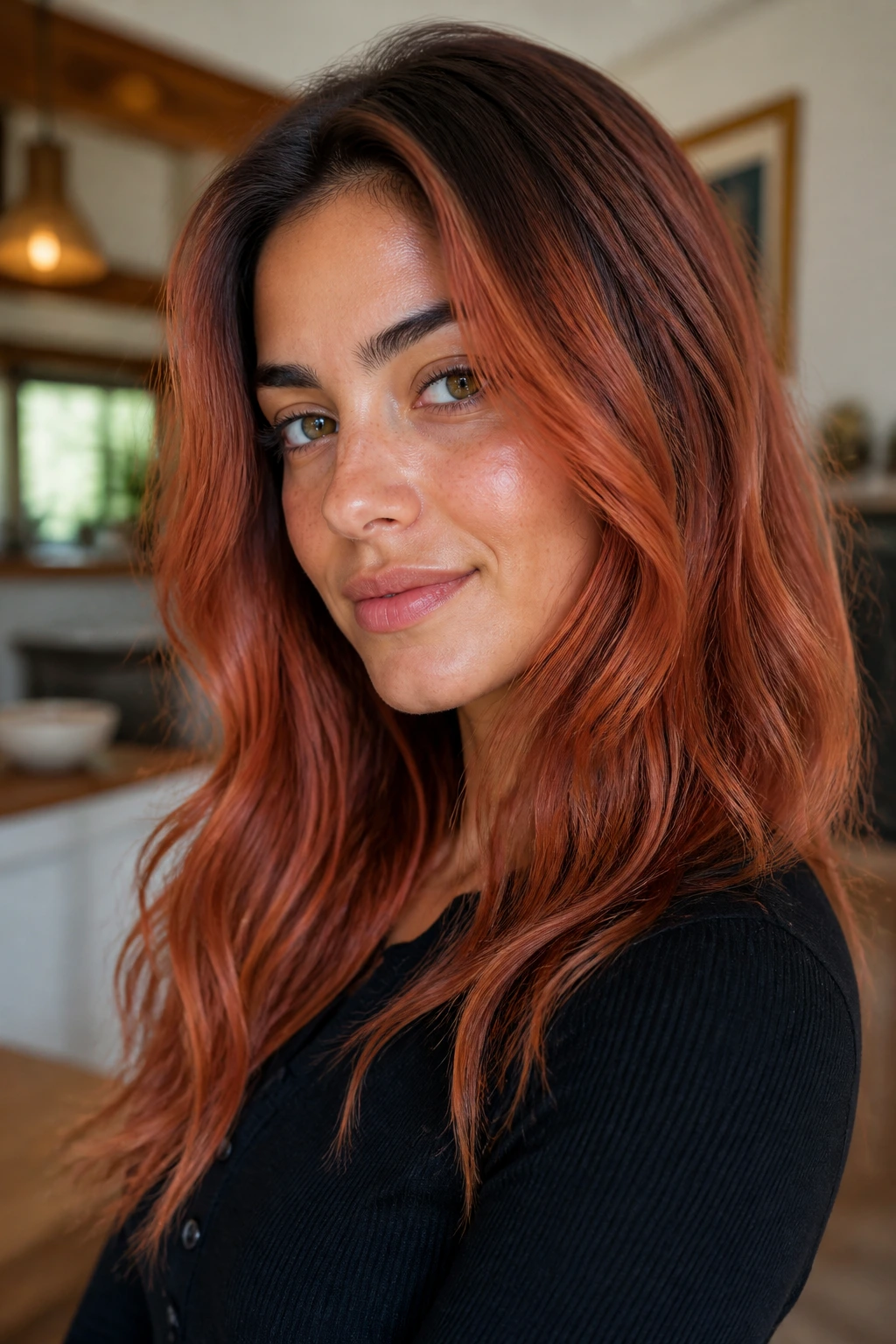 Close-up of brunette with soft copper strawberry shade and shadow root
