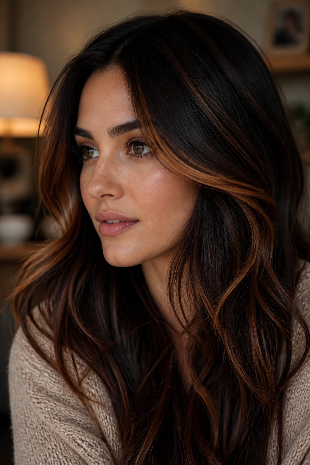Close-up of a real woman with copper threads highlighting around the face