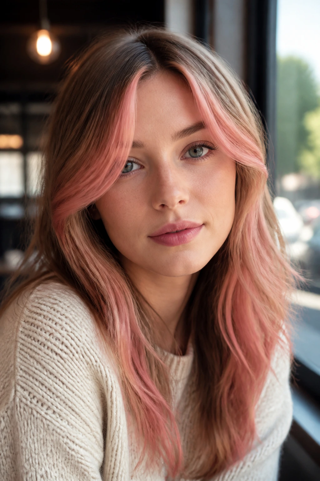 Portrait of a woman with Soft Coral Curtain Bangs in coral-peach near eyes.