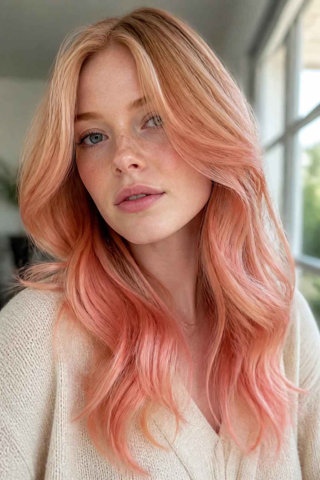 Close-up of a real woman with soft coral strawberry melt and creamy base