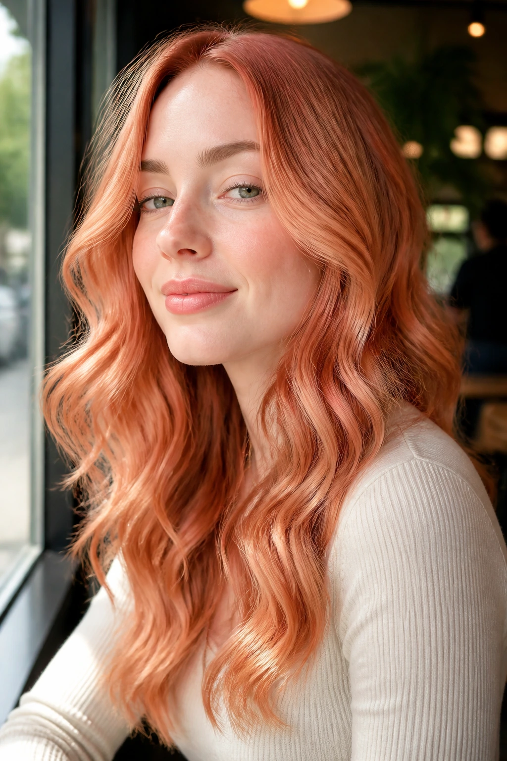 Close-up of real person with soft coral strawberry waves in natural light