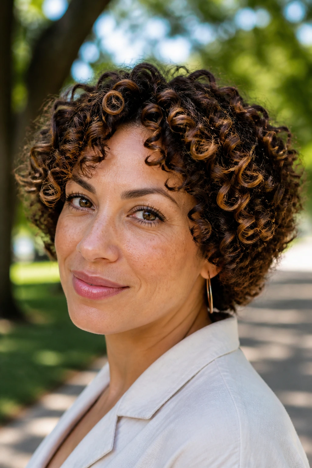 Close-up portrait of a real woman with soft corkscrew curls and caramel highlights around the hairline