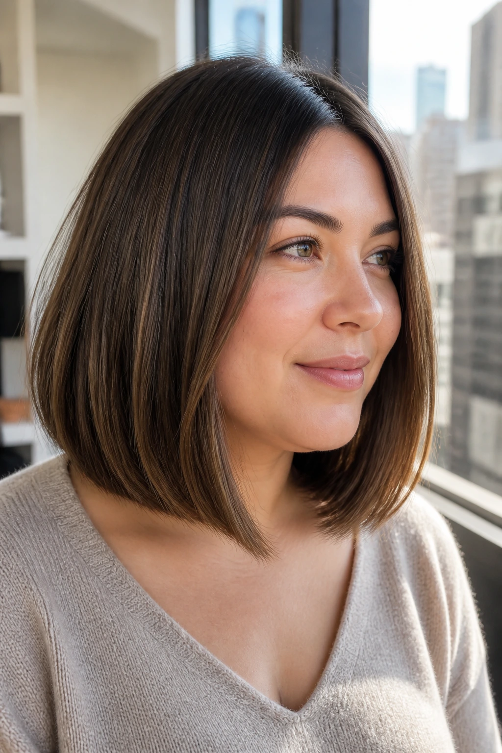Close-up of a real woman with a soft-corner lob showing rounded edges.