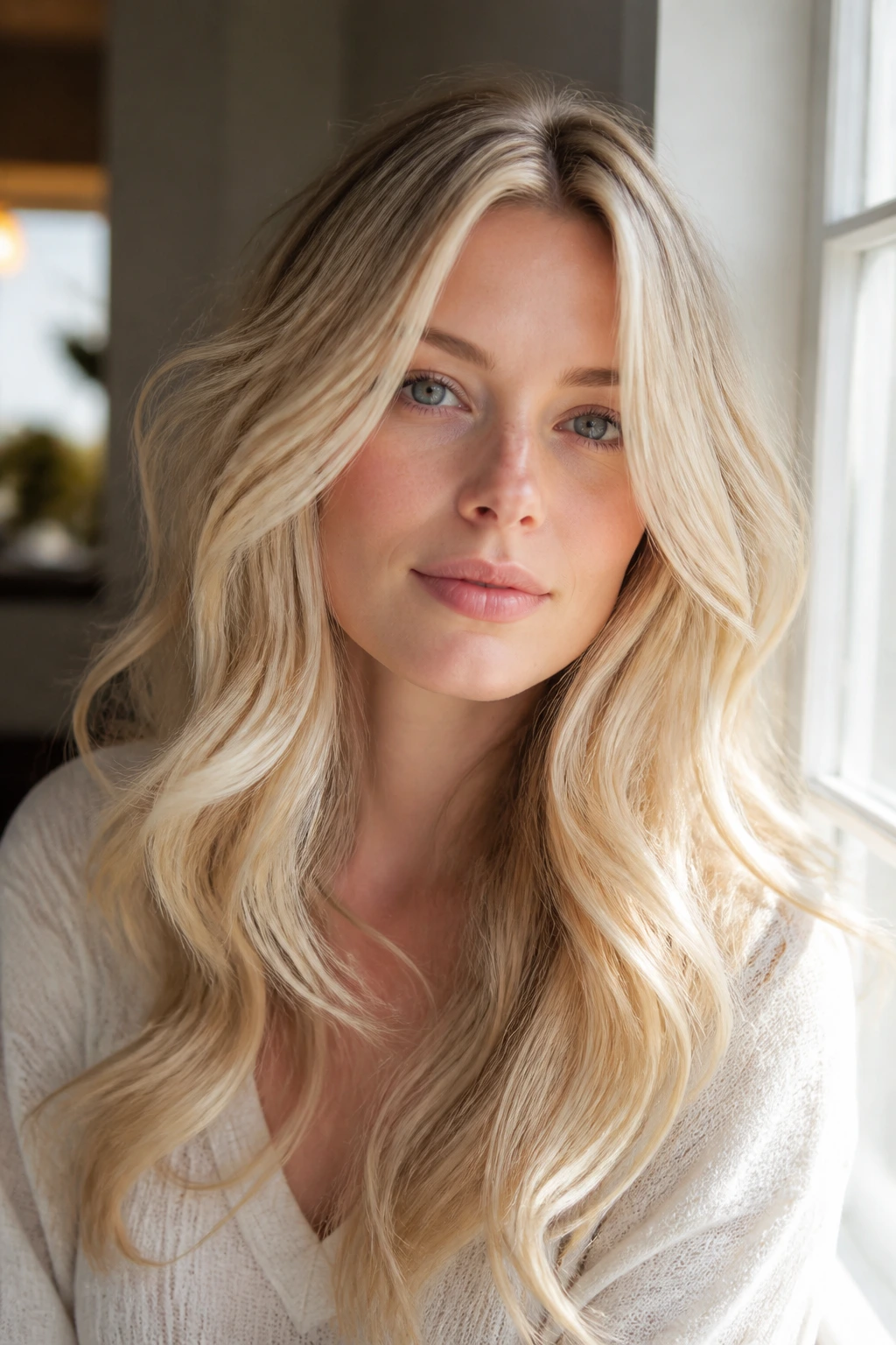 Close-up of a real woman with soft cream cascade layers in wavy hair