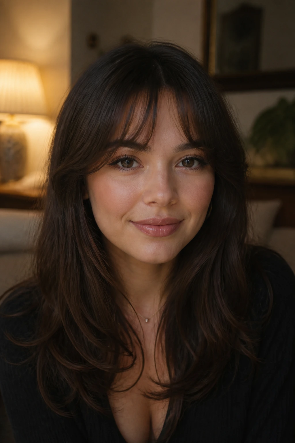 Real person wearing softly rounded crescent bangs that graze the brows.