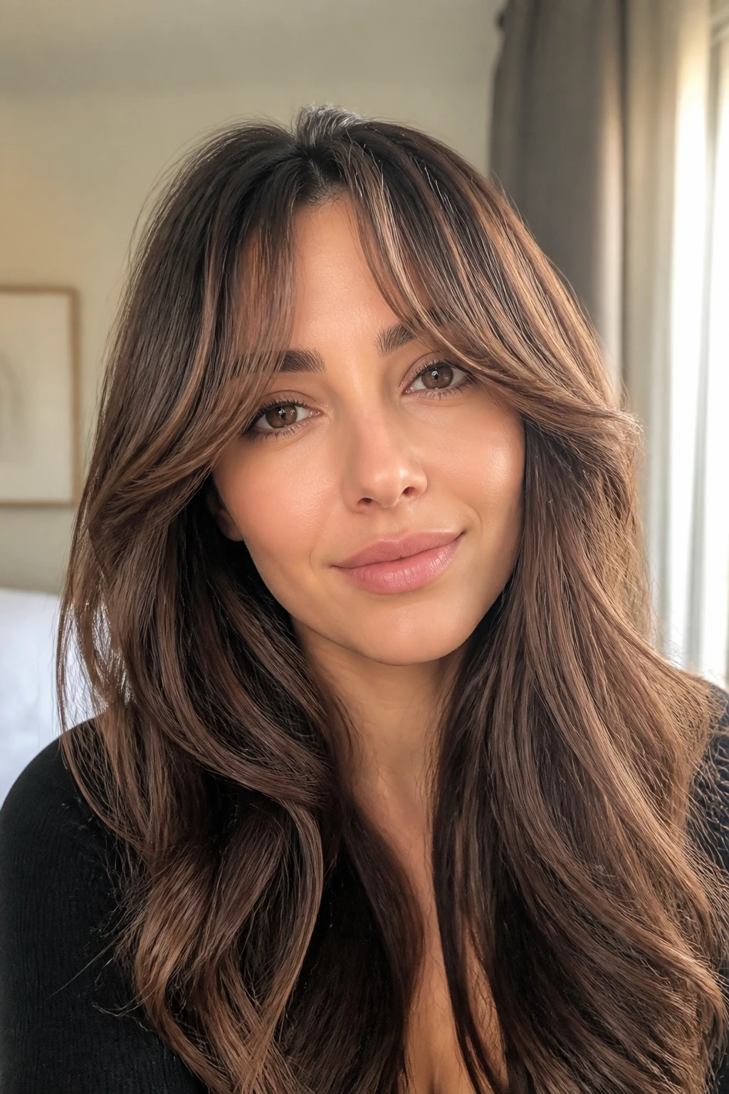 Close-up of a real woman with soft crescent bangs on thick hair