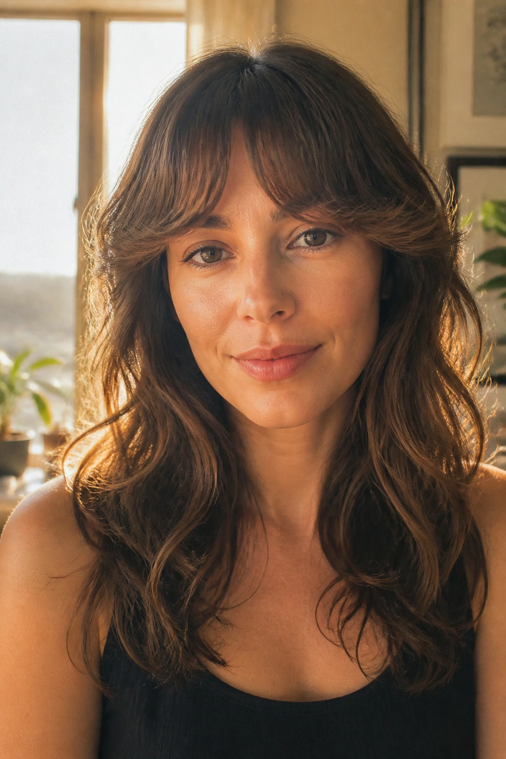 Close-up of real person with soft crescent fringe in sunlit room