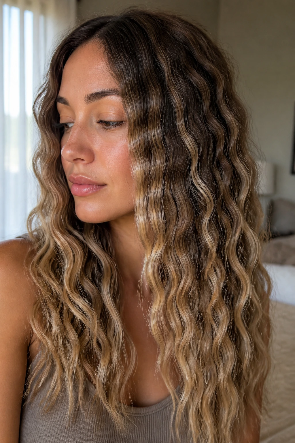 Close-up of a real woman with soft crimped texture and blonde lowlights.