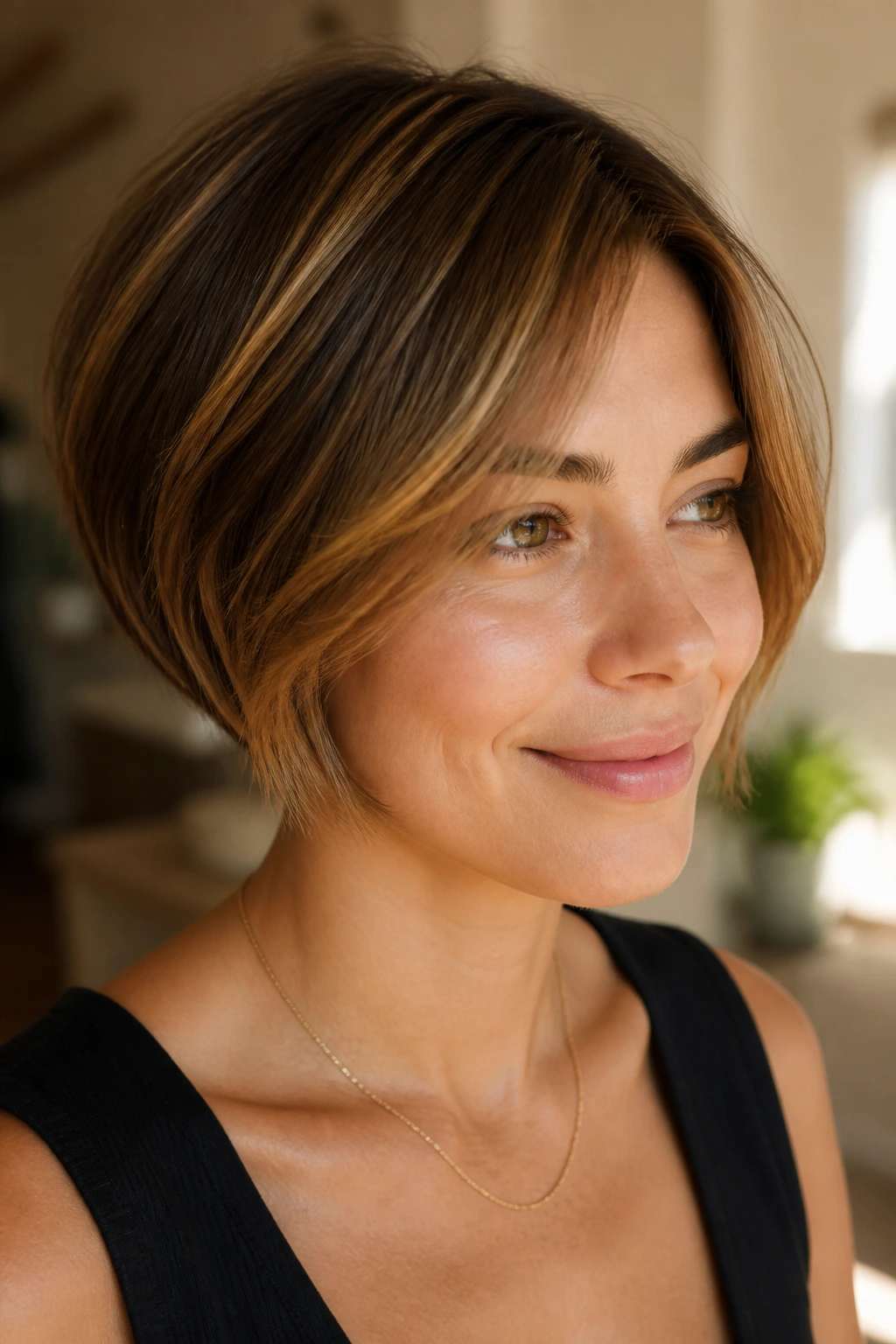 Close-up of a real woman with soft crop bob and melted caramel dimension
