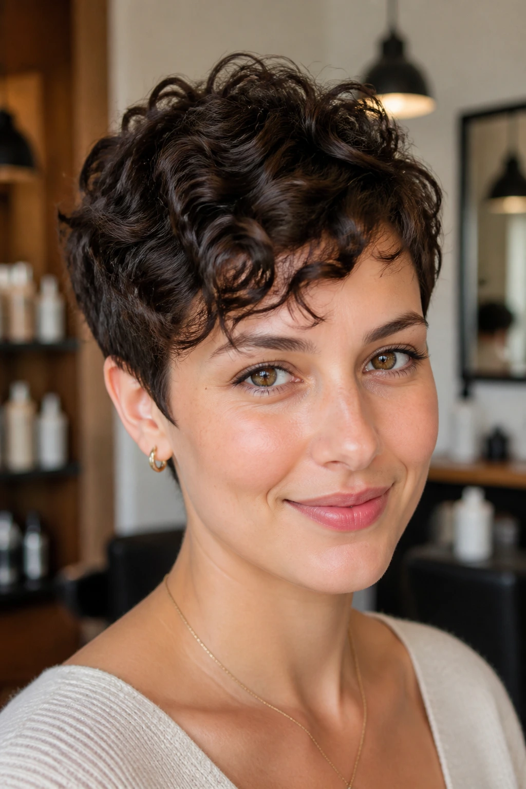 Close-up of a woman with a soft cropped curly hairstyle and side fringe