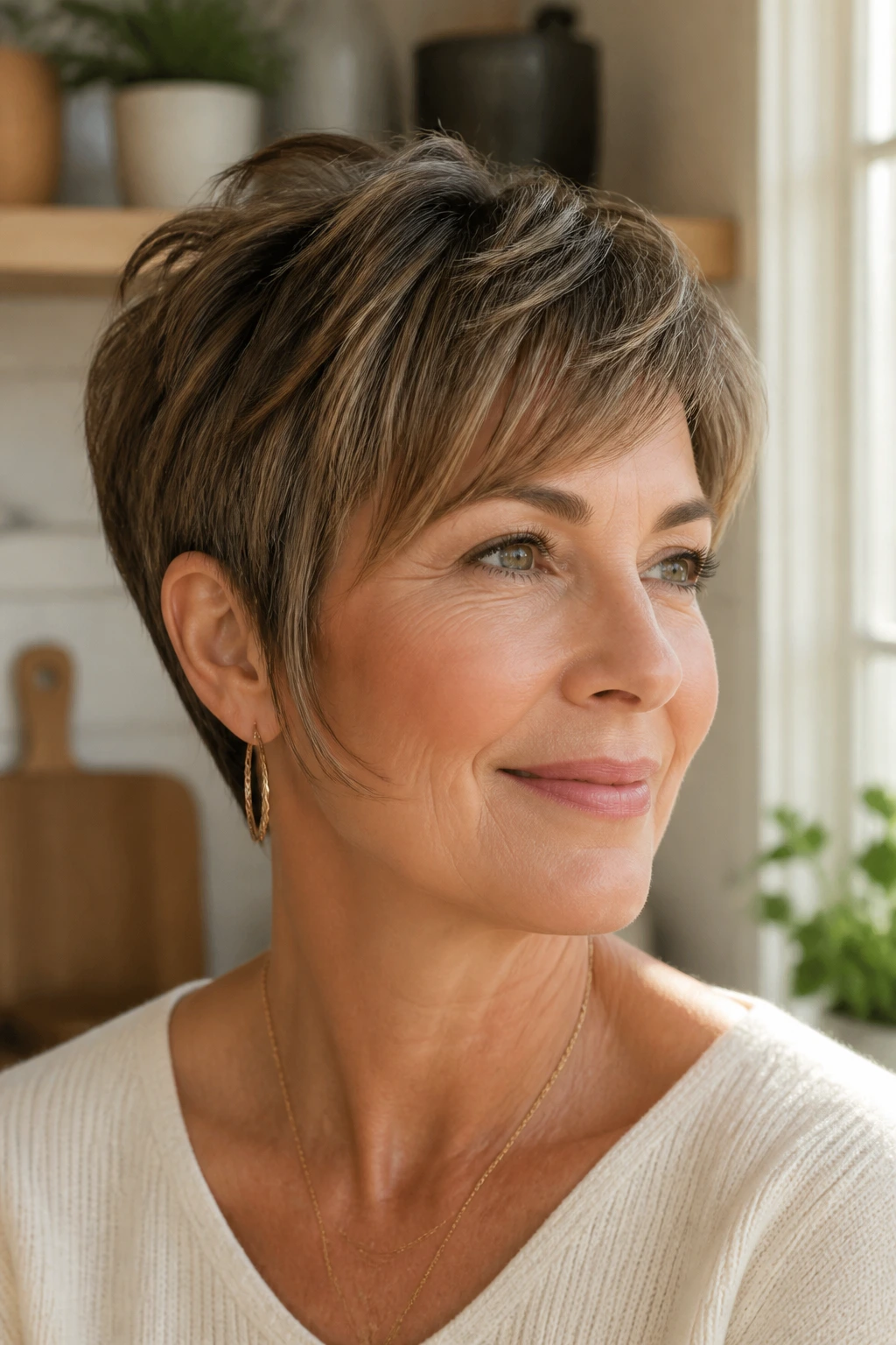 Close-up of a woman with a soft crop hairstyle and caramel framing pieces by the cheek