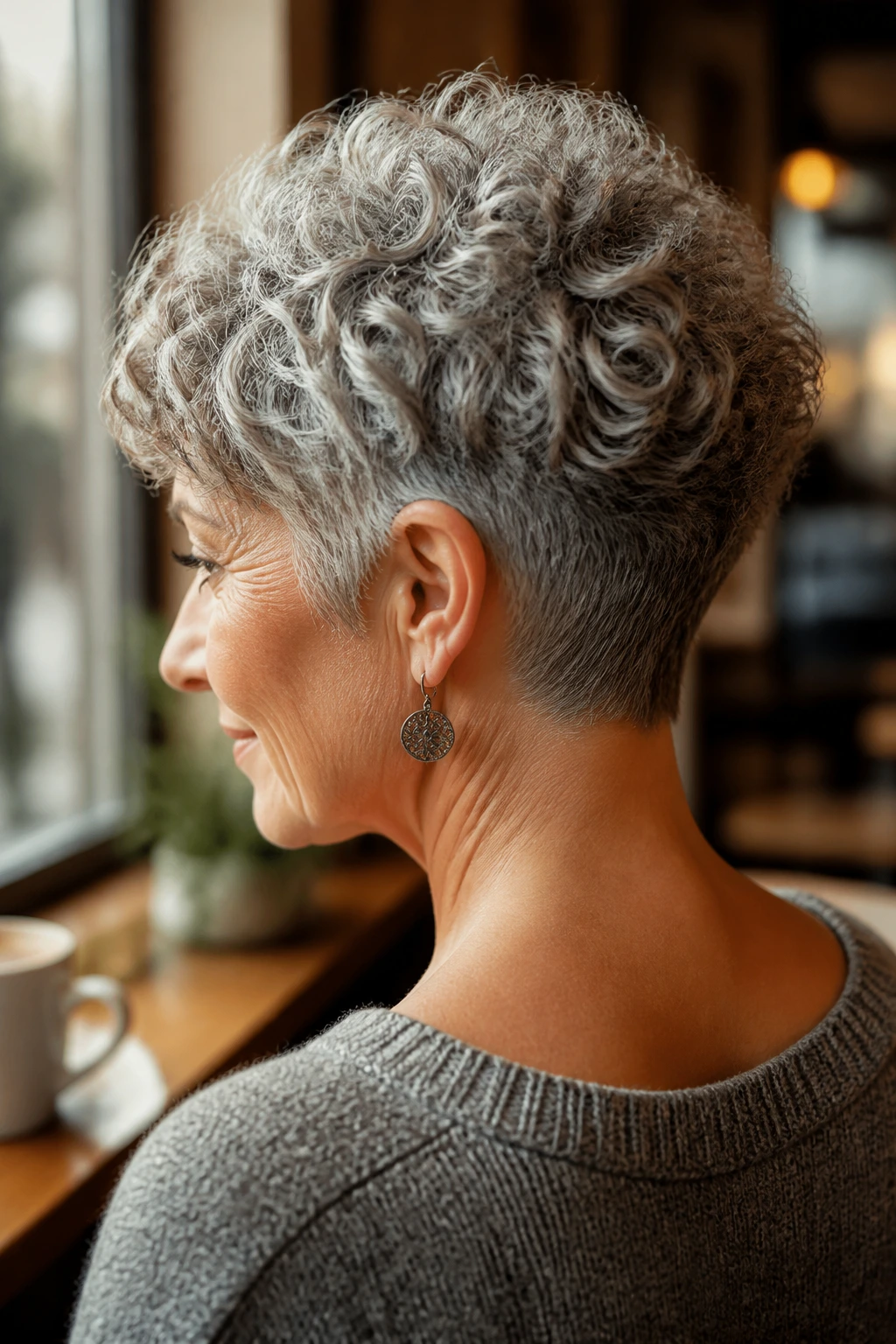 Close-up of a real woman with a soft crop and tapered nape in a cafe setting.