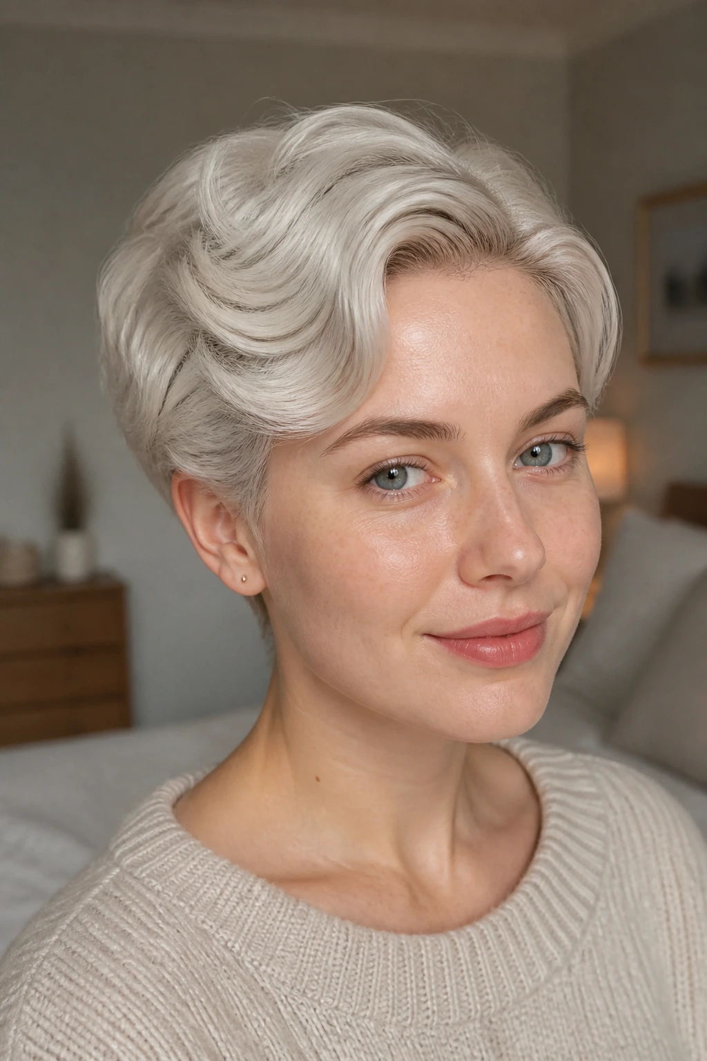 Portrait of a real woman with a soft crop and tucked waves hairstyle