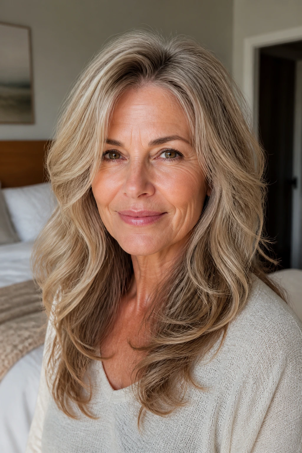Close-up of a woman over 50 with long layered wavy hair showing crown lift.