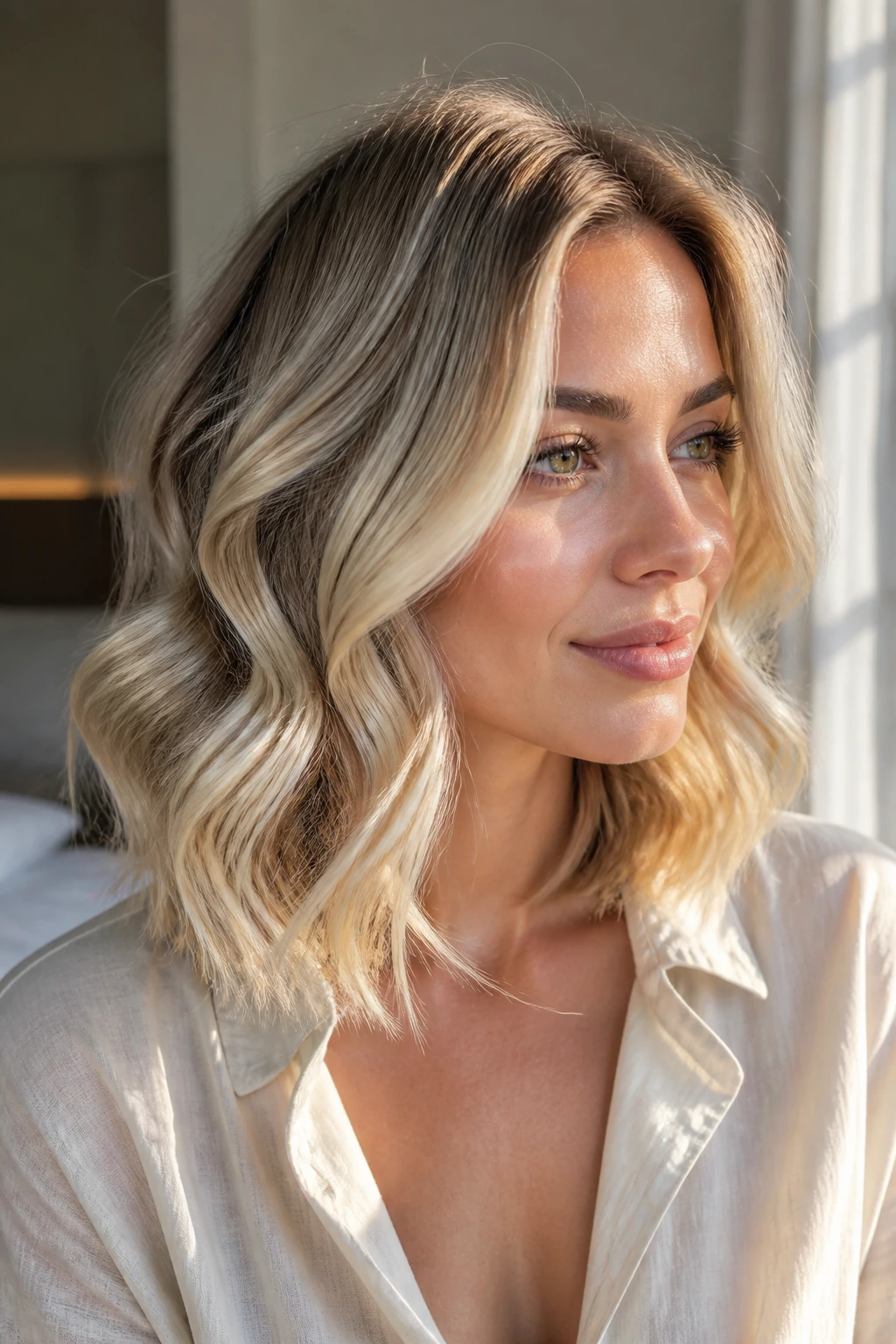 Portrait of a real woman with shoulder-length soft curl lob and champagne blonde ends
