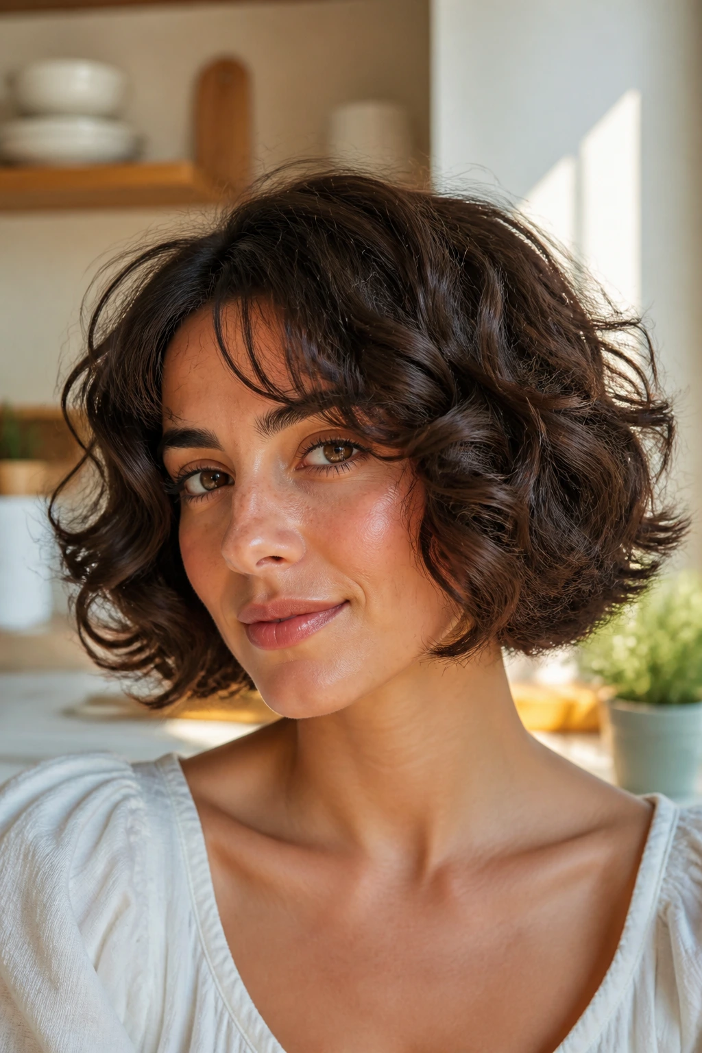 Close-up portrait of a real woman with a curl-out bob and outward curled ends