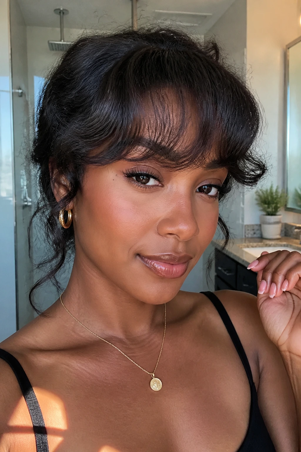 Portrait of a real woman with soft curl-set bangs designed for humidity