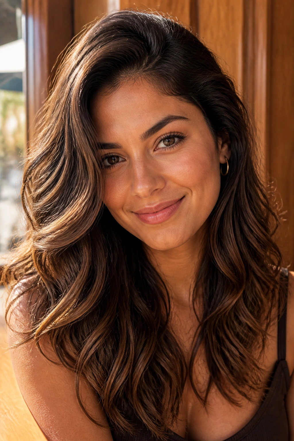 Close-up of a real woman with soft curls and a side part in brunette hair.