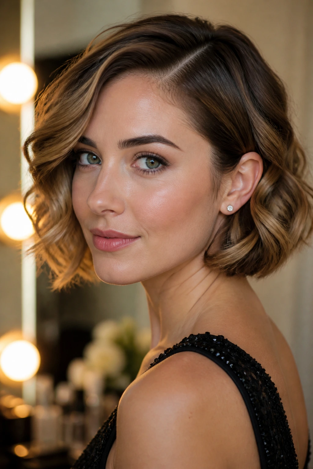 Close-up of a woman with a deep-parted soft-curled bob