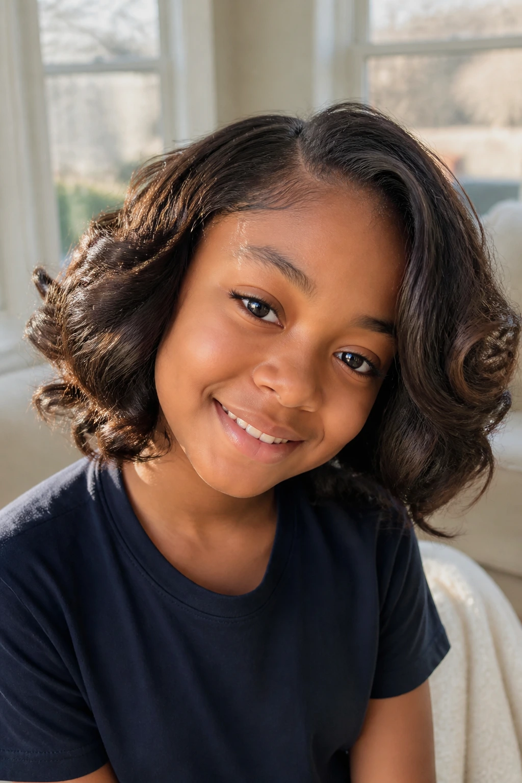 Child with soft curled bob displaying volume and bounce
