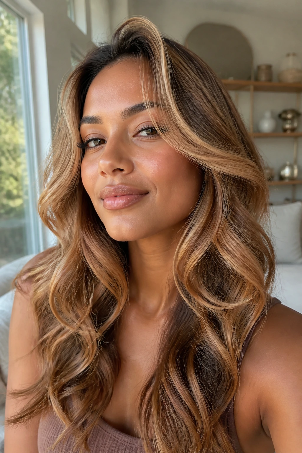 Close-up of a woman with soft curls and caramel underlights on tan skin