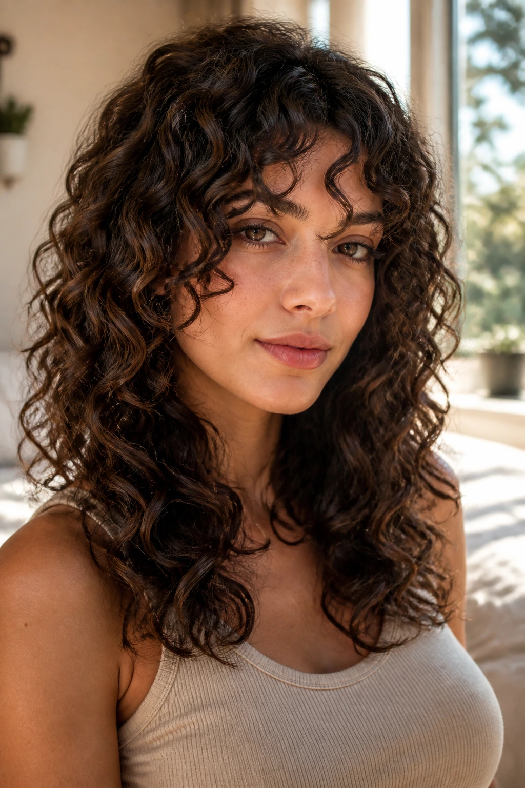 Close-up of a real woman with defined curl clumps and soft layered hair