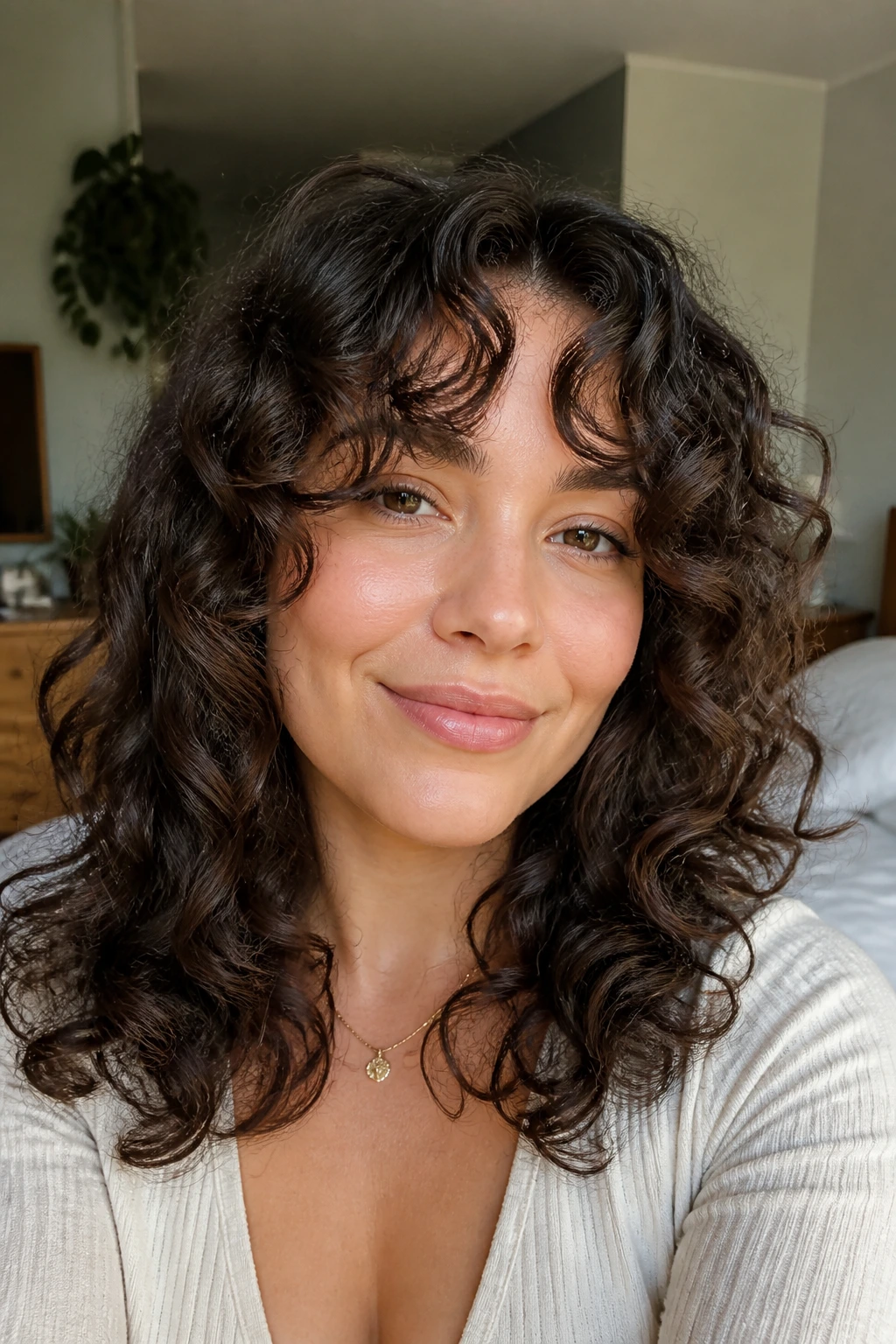 Close-up portrait of a real woman with soft curly curtain bangs under natural window light.
