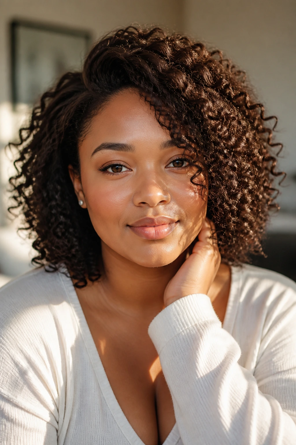 Close-up portrait of a person with face-framing soft curls and crown lift
