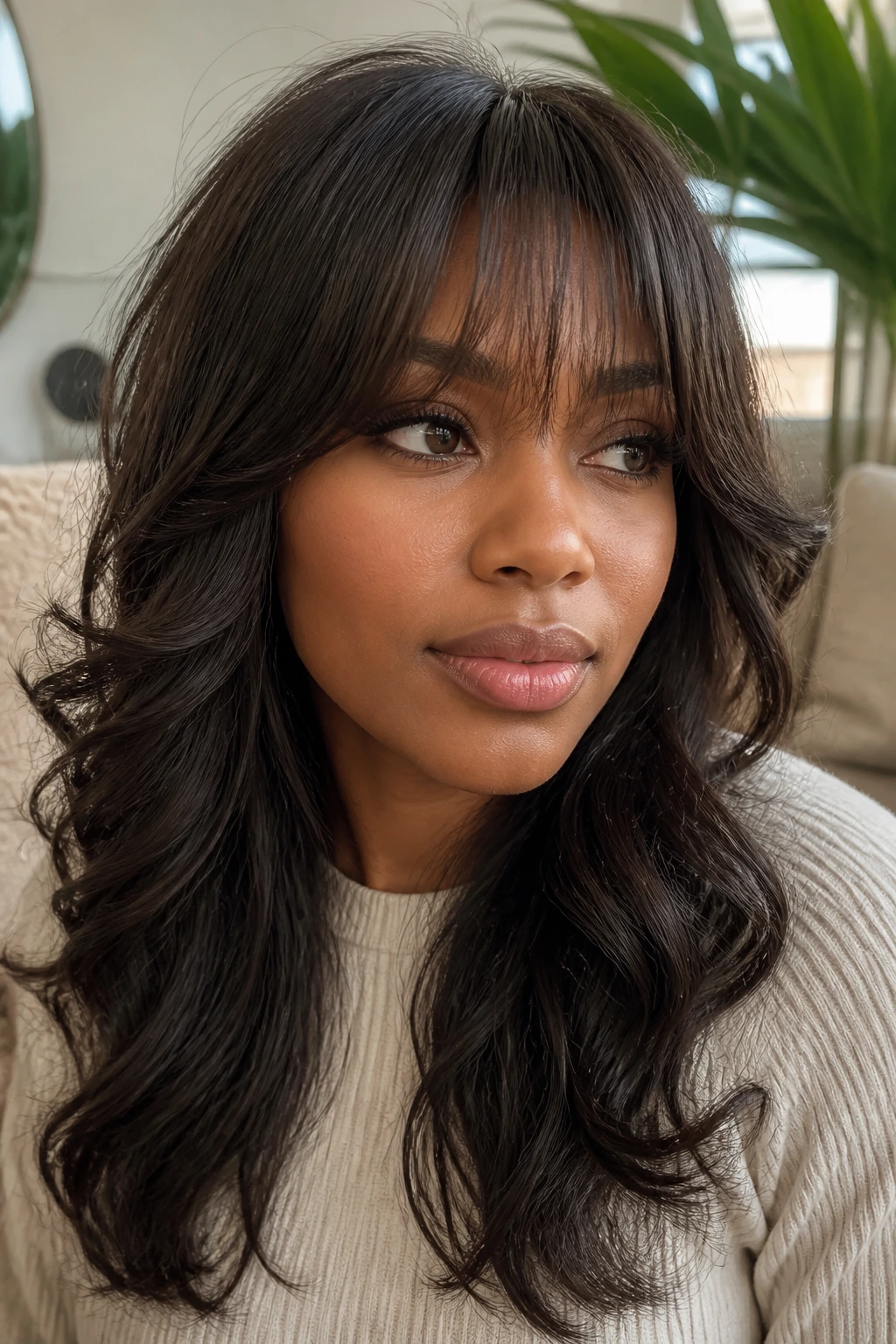 Real woman with soft curls and feathered fringe in a warm living room setting