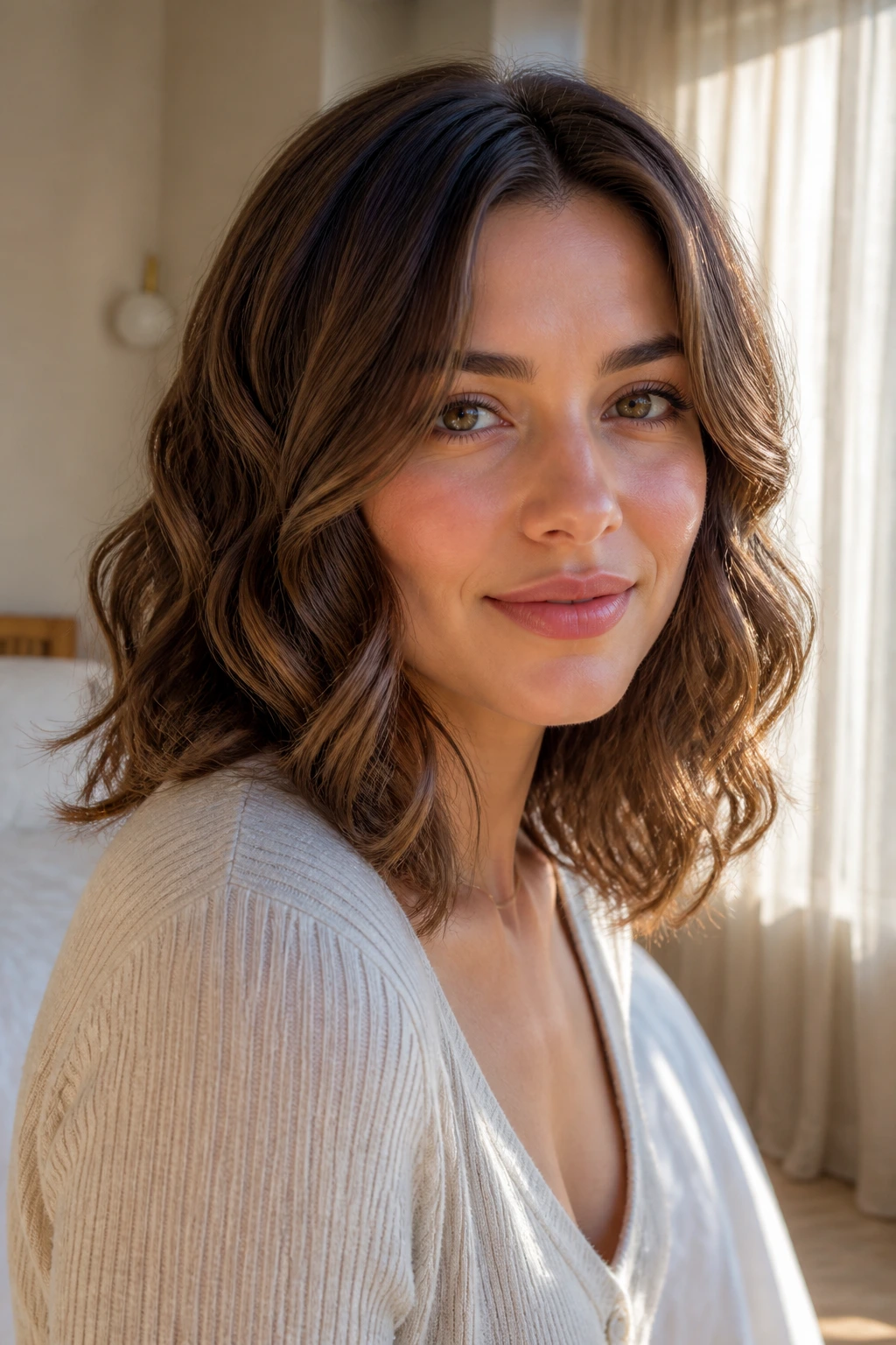 Close-up portrait of a woman with soft curls and long layers in warm window light