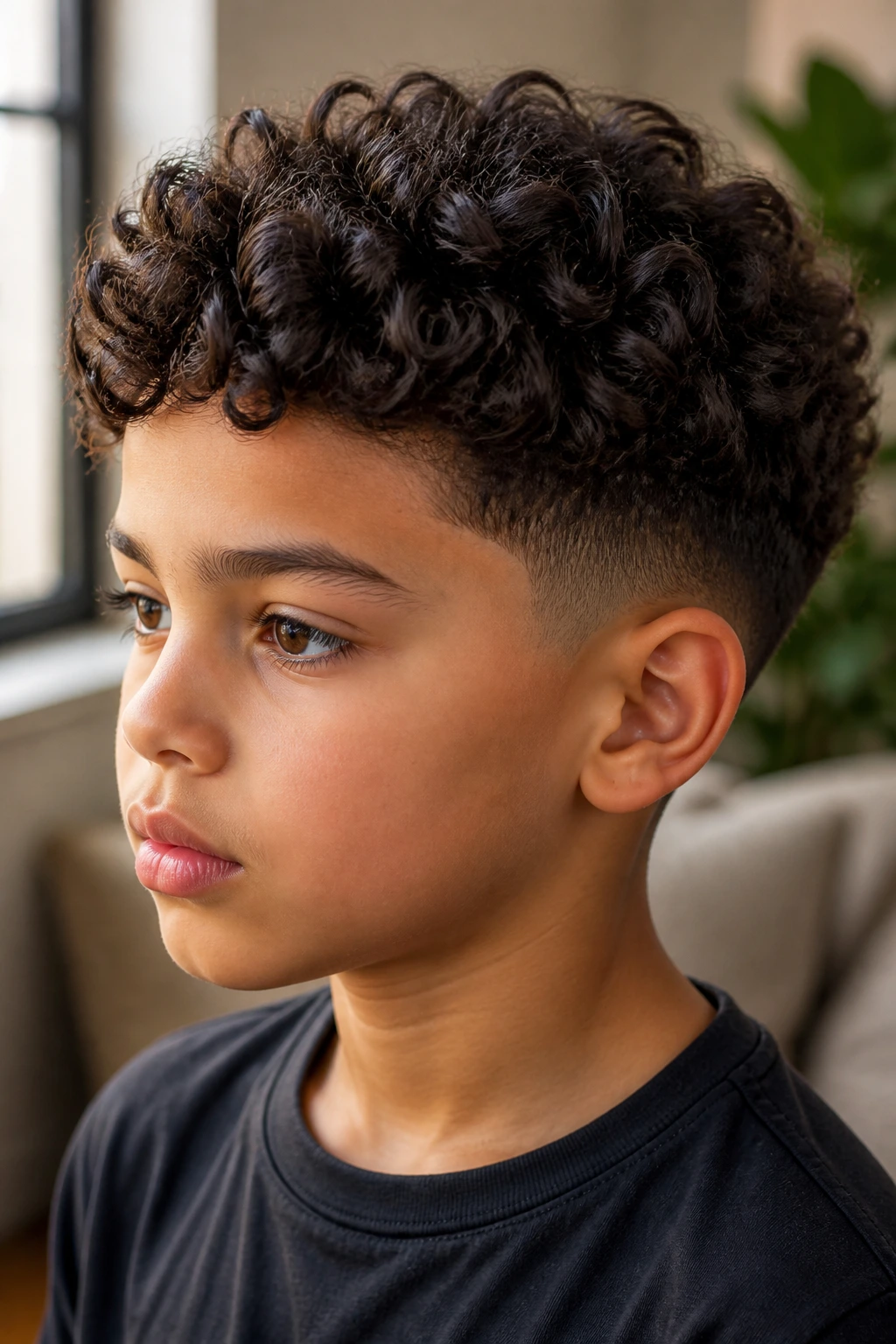 Close-up of a real child with soft curls and low taper fade