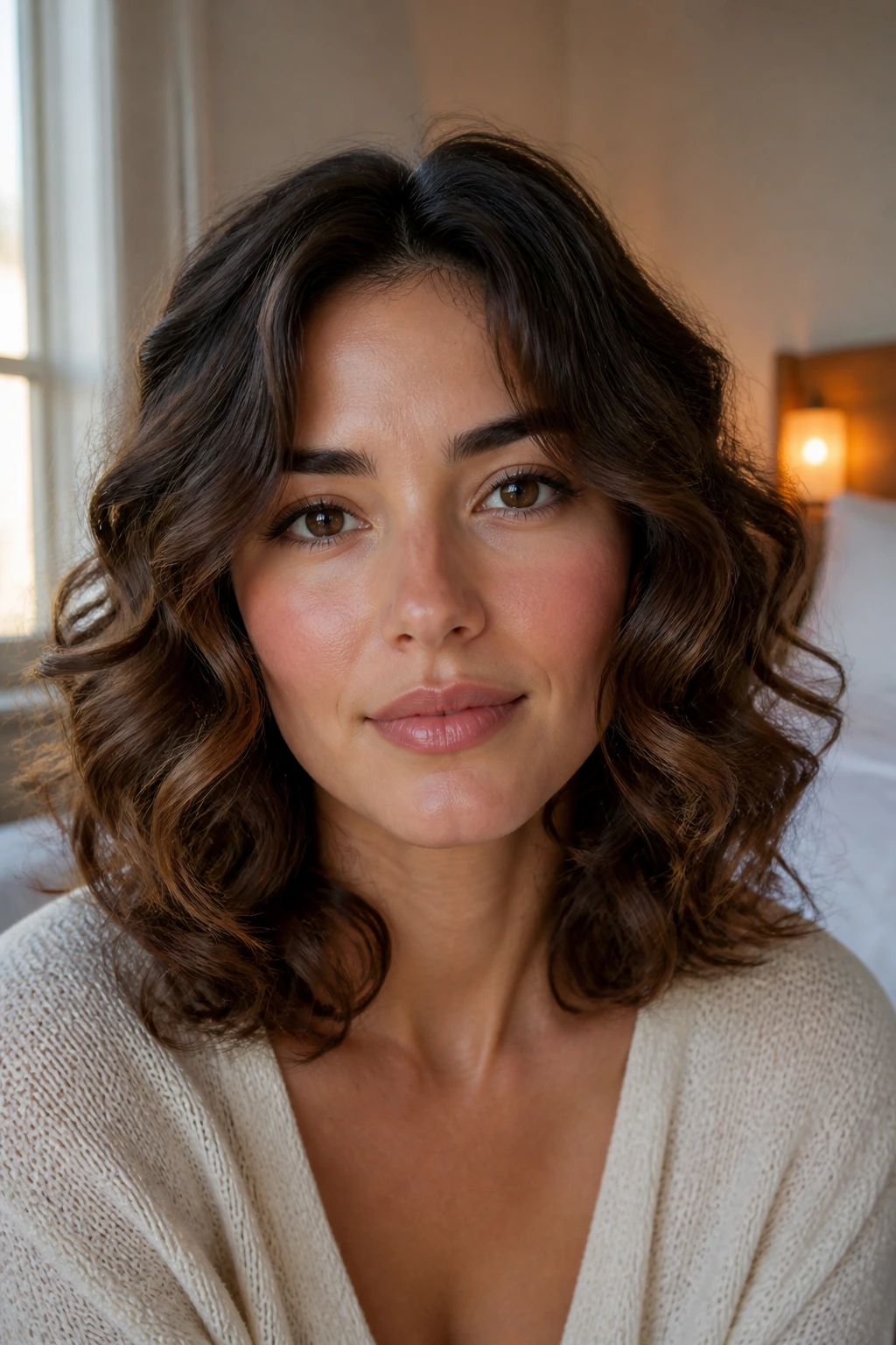 Close-up of a real woman with soft, defined curls on medium-length hair framing an oval face