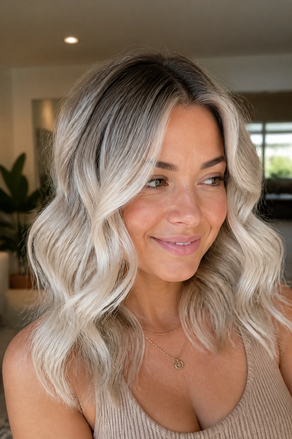 Portrait of a woman with icy blonde curls and root melt