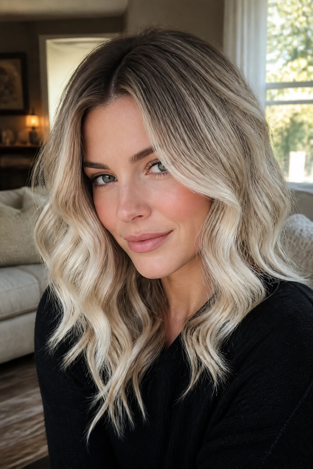 Close-up portrait of a real woman with soft curls and root smudge on ice blonde