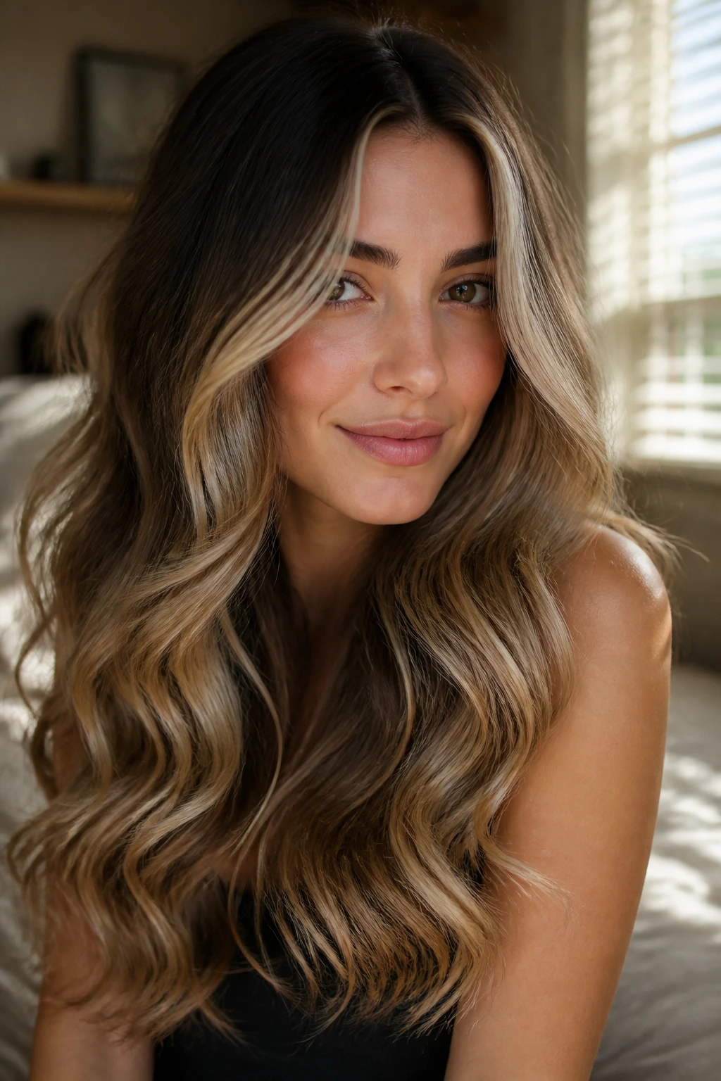 Close-up of a real woman with soft curls and shadow root blonde in warm light
