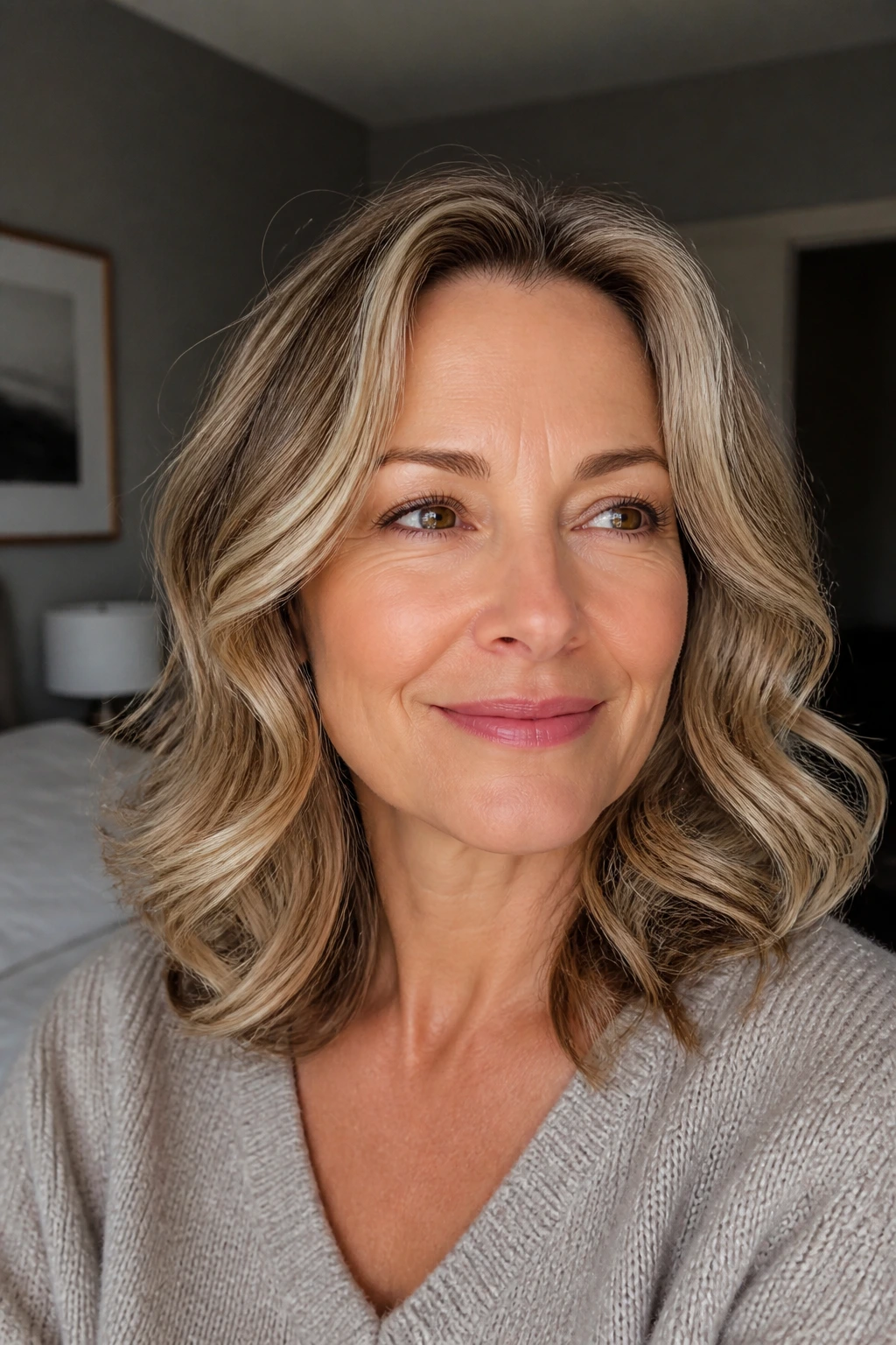 Close-up portrait of a real woman with soft shoulder-length curls