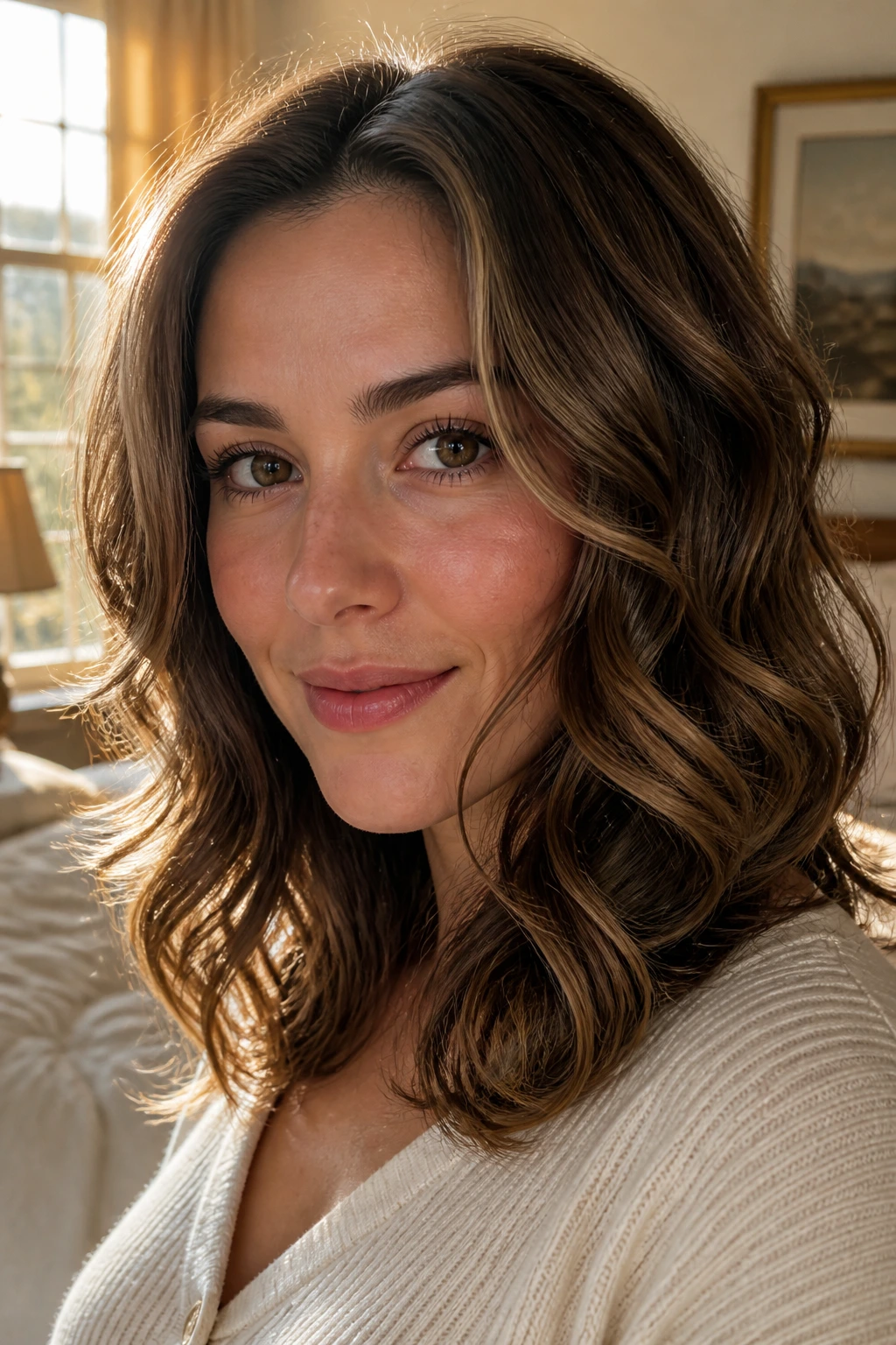 Close-up of real woman's shoulder-length soft brushed curls in warm window light
