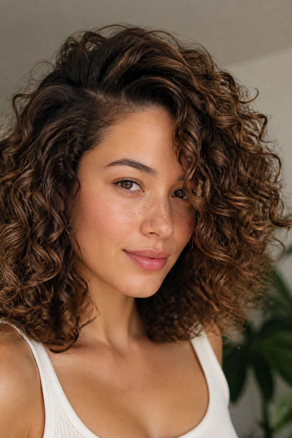 Shoulder-length curly hair with deep side part framing oval face
