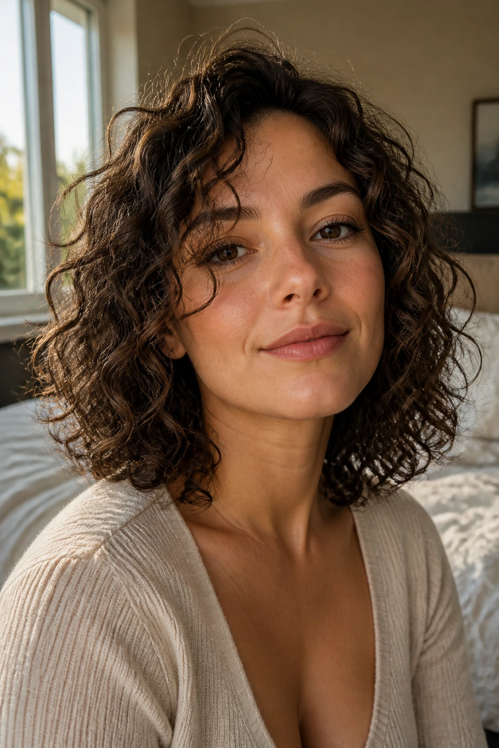 Close-up of a woman with curly hair softening a square jawline