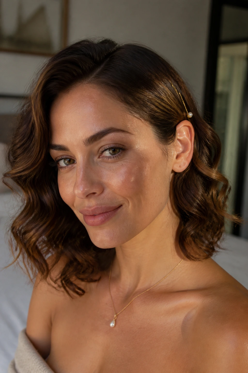 Close-up of a real woman with tucked-behind-ear soft curls framing the face