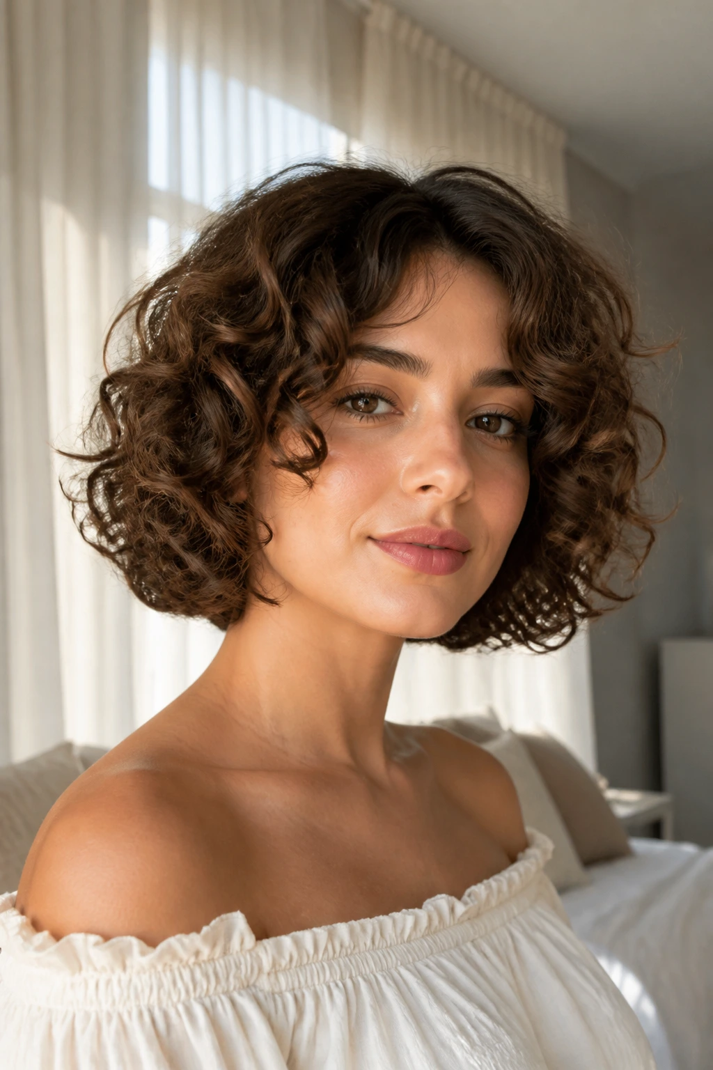 Real woman with soft curly bob and defined ends.