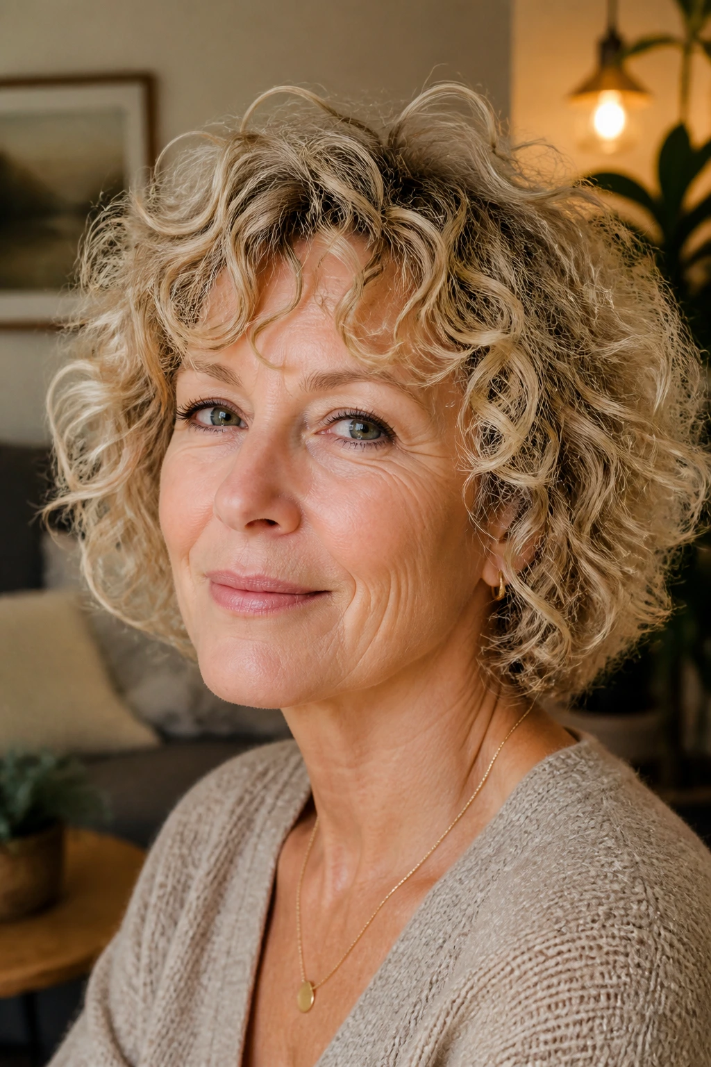 Close-up of a real woman with soft curly bob in warm natural light