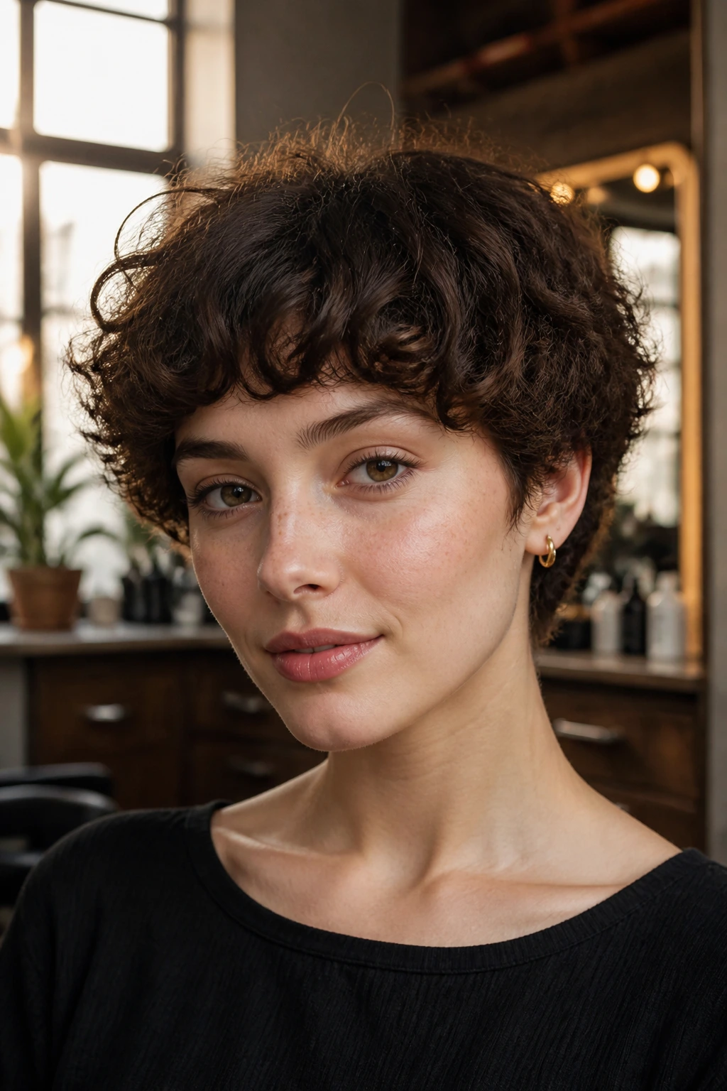 Close-up portrait of a real woman with a soft curly bowl cut in warm salon lighting