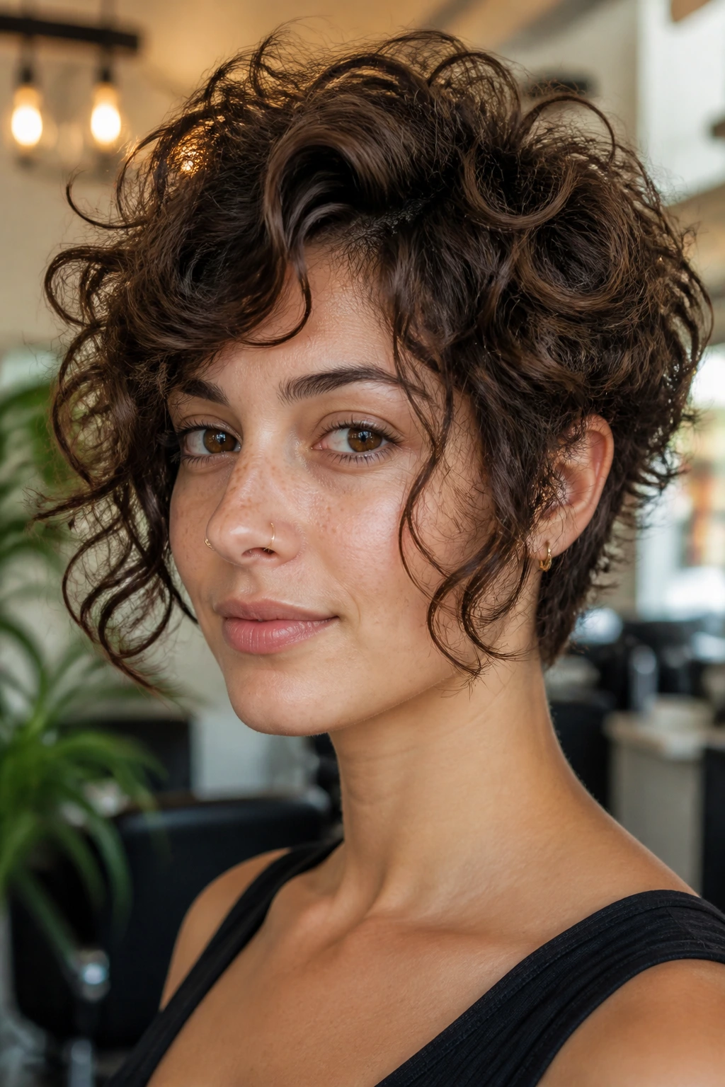 Portrait of a person with a soft curly crop and face-framing pieces