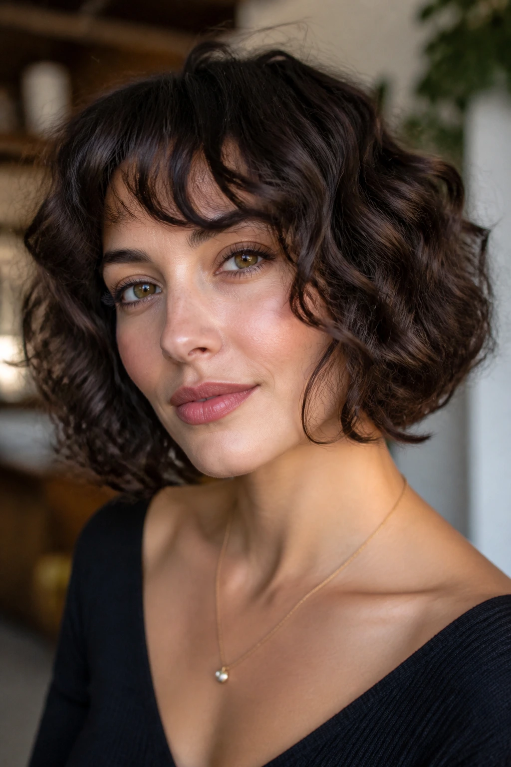 Portrait of a real woman with a soft curly French bob variation.