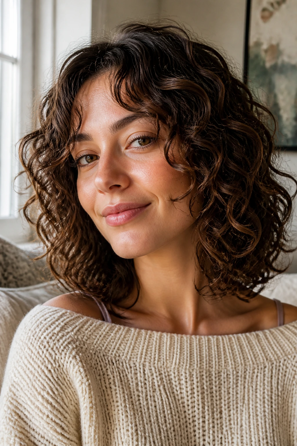 Close-up of a real person with a soft curly lob showing internal layers