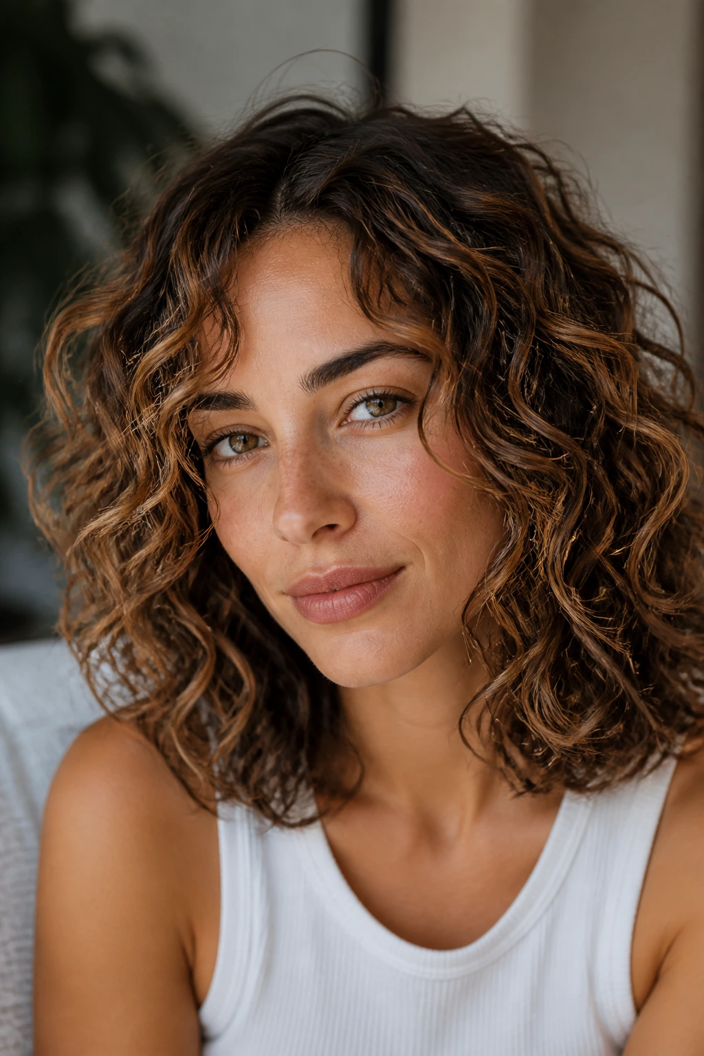Close-up of soft curly lob with invisible layers and caramel highlights on a real person.
